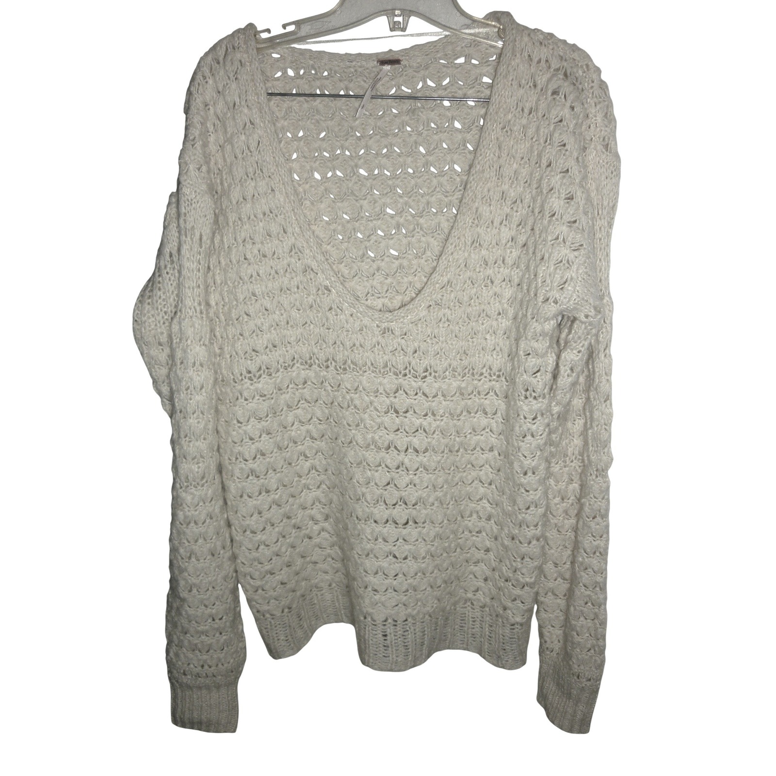 Free People Womens Cream Open Knit Deep V-Neck Mohair Blend Sweater Size Small